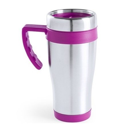 Set of 2x thermo coffee drink cups 500 ml zilver with pink and blue accent