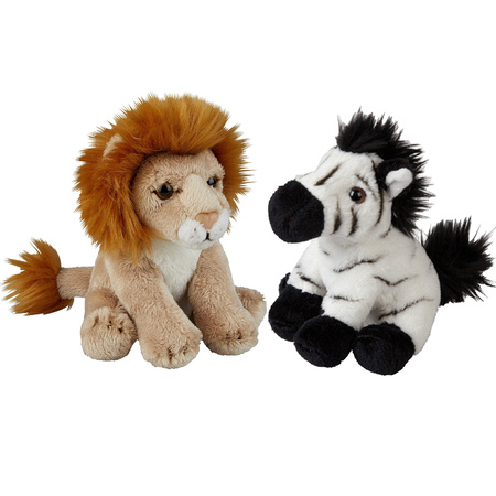 Safari dieren serie pluche knuffels 2x stuks - Zebra en Leeuw van 15 cm