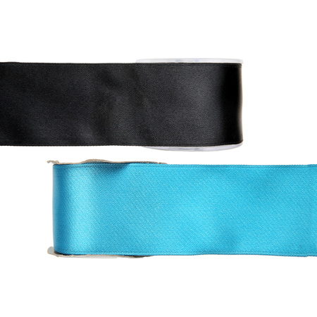 Satin deco ribbons set 2x rolls - black/blue - 2,5 cm x 25 meters - hobby/decoration