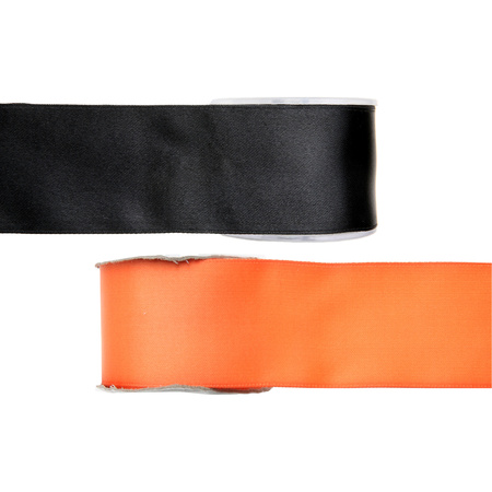 Satin deco ribbons set 2x rolls - black/orange - 2,5 cm x 25 meters - hobby/decoration