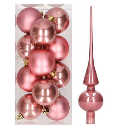 Set of 12x pcs plastic christmas baubles 6 cm including glass tree topper light pink