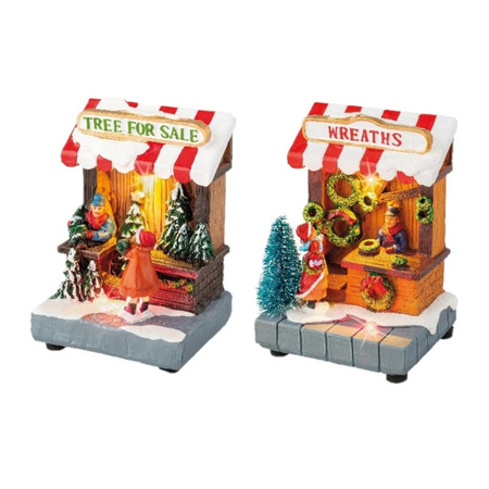Set of 2x Christmas village houses tree shop and wreaths shop with lights 11 cm