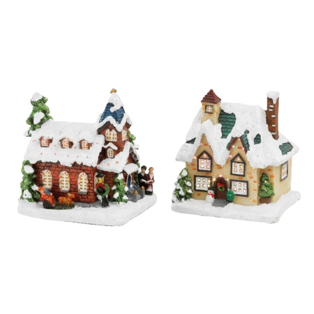Set van 2x stuks Kerstdorp kersthuisjes huis en kerkje met verlichting 12,5 cm