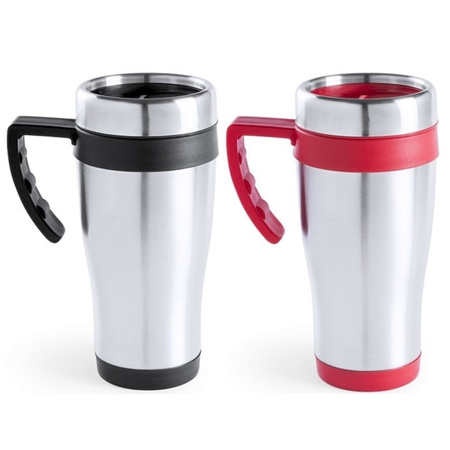 Set of 2x thermo coffee drink cups 500 ml zilver with red and black accent