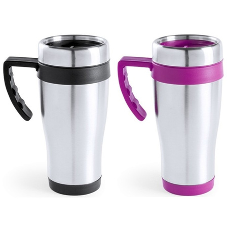 Set of 2x thermo coffee drink cups 500 ml zilver with pink and black accent