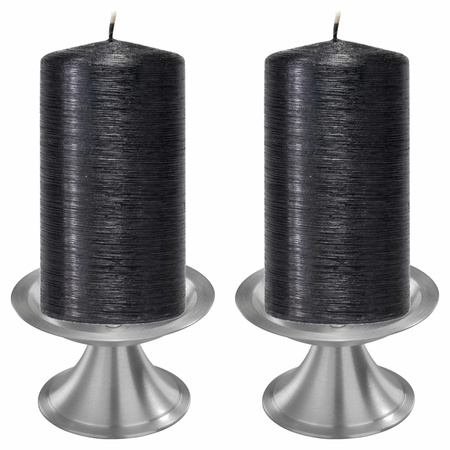 Set of 2x black candles with 2x silver candleholders
