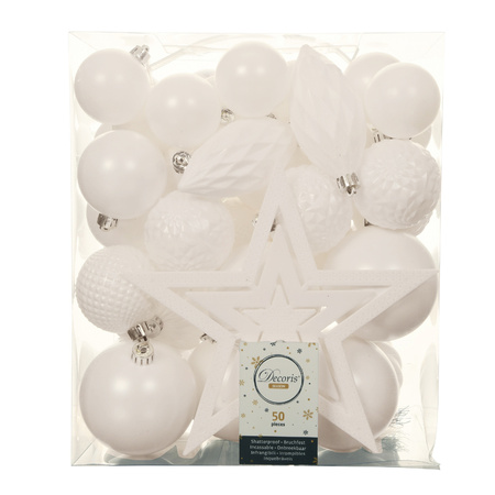 56x stuks kunststof kerstballen en ornamenten met ster piek wit