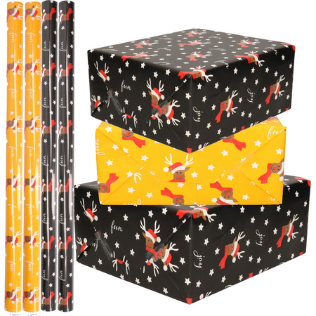 Set of 6x Rolls Christmas wrapping paper black/yellow reindear fun 2,5 x 0,7 meter