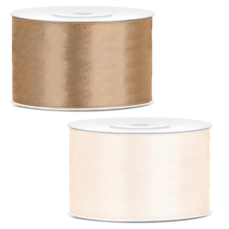 Set of 2x pieces decoration ribbons - gold and cream white - 38 mm x 25 meters