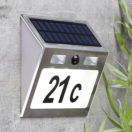 Solar house number plate with light and motion detector
