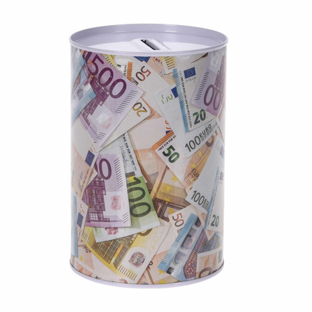 Money box with euro biljets on a pile 10 x 15 cm
