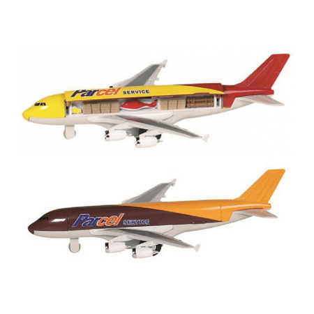 Speelgoed vliegtuigen setje van 2 stuks bruin en geel 19 cm