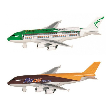Speelgoed vliegtuigen setje van 2 stuks groen en bruin 19 cm