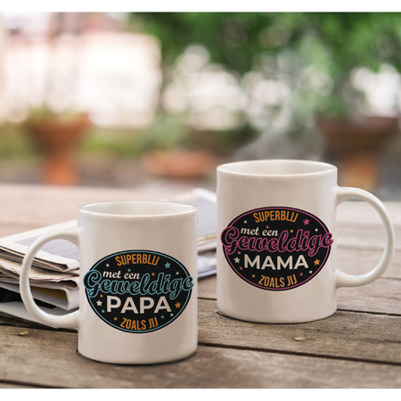 Superblij met een Mama en Papa mok - Cadeau beker set voor Papa en Mama