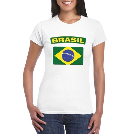T-shirt met Braziliaanse vlag wit dames