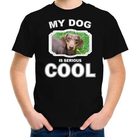 Teckel honden t-shirt my dog is serious cool zwart voor kinderen