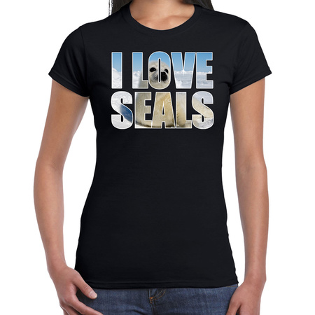 Tekst t-shirt I love seals met dieren foto van een zeehond zwart voor dames