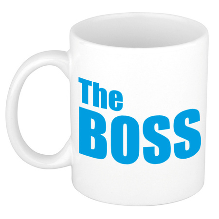 The real boss en the boss cadeau mok / beker wit met roze en blauwe letters 300 ml