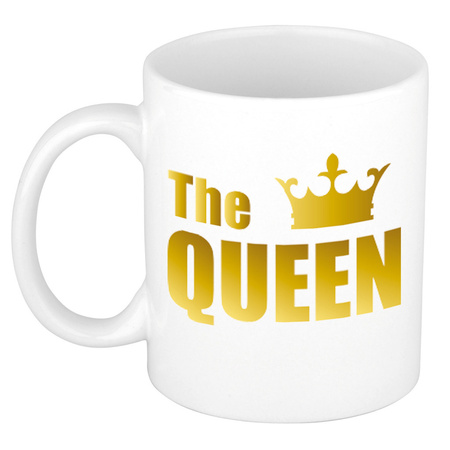 The queen cadeau mok / beker wit met gouden kroon en letters 300 ml