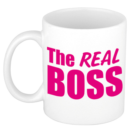 The real boss cadeau mok / beker wit met roze letters 300 ml