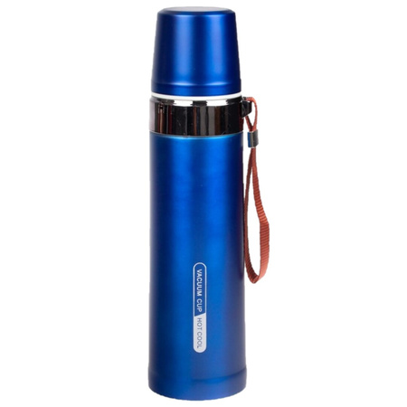 Thermos bottle / vacuum jug with strap for travel 750 ml blue