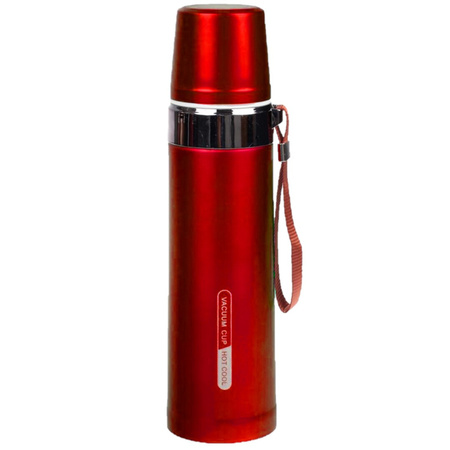 Thermos bottle / vacuum jug with strap for travel 750 ml red