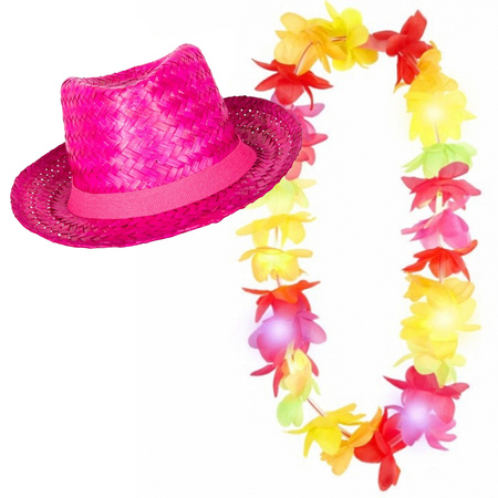 Carnaval set - Tropical Hawaii party - pink straw hat - and LED flowers guirlande - adults