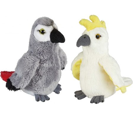 Tropische vogels pluche knuffels 2x stuks - Kaketoe en Papegaai van 15 cm