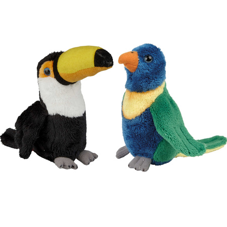 Tropical birds soft toys 2x - Parkiet and Tucan 15 cm
