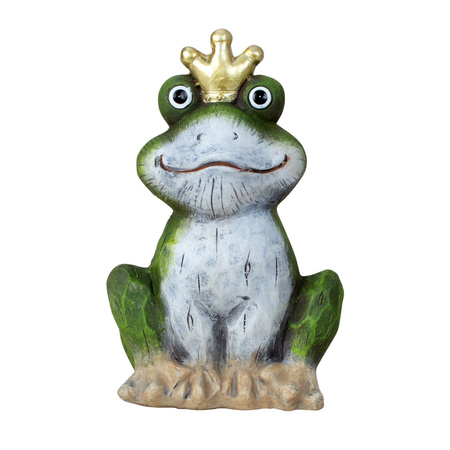 Garden statue frog king smiling and sitting - polystone - 20 cm - green