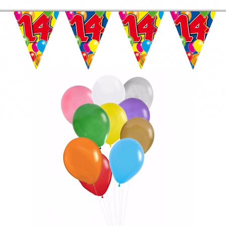 Verjaardag 14 jaar feest thema set 50x ballonnen en 2x leeftijd print vlaggenlijnen