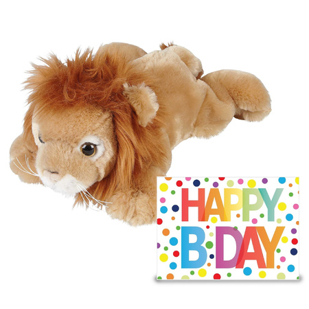 Verjaardag cadeau leeuw 25 cm met XL Happy Birthday wenskaart