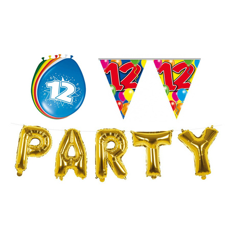 Verjaardag feestversiering 12 jaar PARTY letters en 16x ballonnen met 2x plastic vlaggetjes