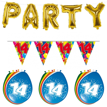 Verjaardag feestversiering 14 jaar PARTY letters en 16x ballonnen met 2x plastic vlaggetjes