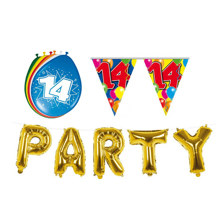 Verjaardag feestversiering 14 jaar PARTY letters en 16x ballonnen met 2x plastic vlaggetjes