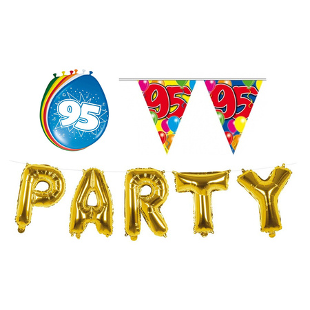Verjaardag feestversiering 95 jaar PARTY letters en 16x ballonnen met 2x plastic vlaggetjes