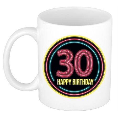 Verjaardag mok / beker -  happy birthday 30 jaar - neon - 300 ml - verjaardagscadeau