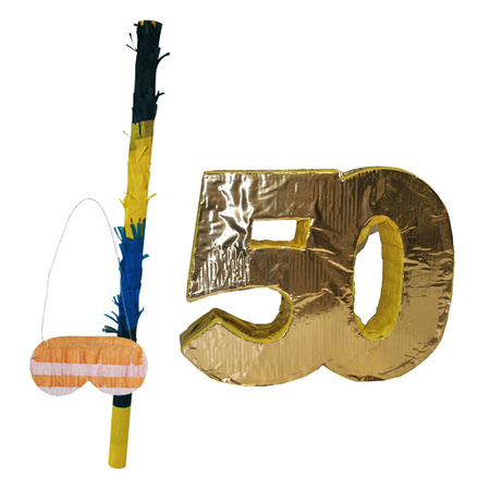 Verjaardag Pinata 50 jaar - goud - 50 x 40 cm - set met stok en masker