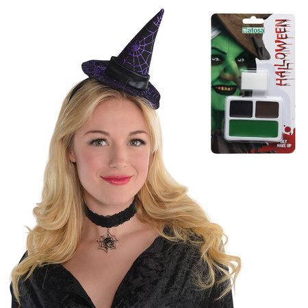 Verkleed setje heks - Mini hoed op diadeem en schmink setje - Carnaval/Halloween thema