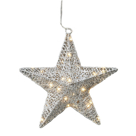 Silver decoration star with 30 warm white LED lights 30 cm
