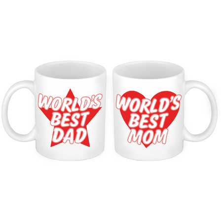 Worlds Best Mom en Dad mok rood - Cadeau beker set voor Papa en Mama