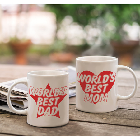 Worlds Best Mom en Dad mok rood - Cadeau beker set voor Papa en Mama