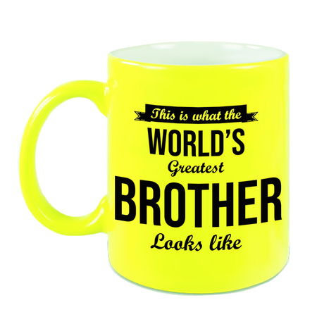 Worlds Greatest Brother gift coffee mug / tea cup neon yellow 330 ml