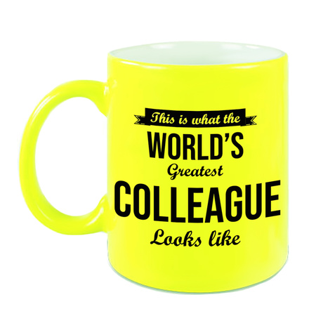 Worlds Greatest Colleague gift coffee mug / tea cup neon yellow 330 ml
