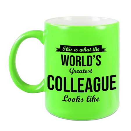 Worlds Greatest Colleague gift coffee mug / tea cup neon green 330 ml