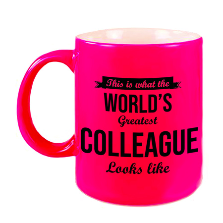 Worlds Greatest Colleague gift coffee mug / tea cup neon pink 330 ml