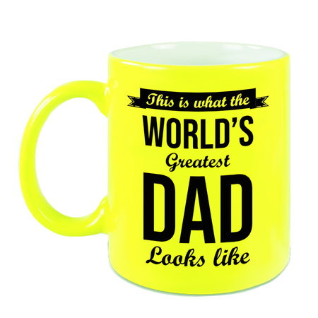 Worlds Greatest Dad cadeau koffiemok / theebeker neon geel 330 ml