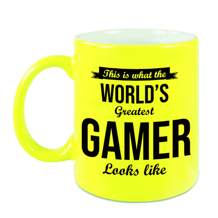 Worlds Greatest Gamer gift coffee mug / tea cup neon yellow 330 ml