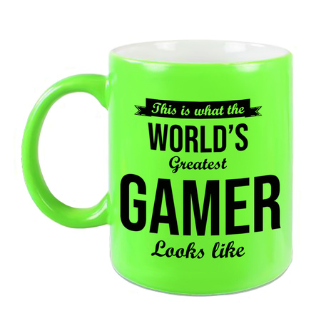 Worlds Greatest Gamer gift coffee mug / tea cup neon green 330 ml