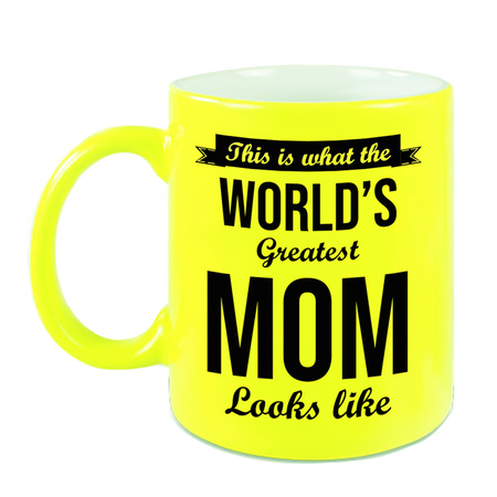 Worlds Greatest Mom cadeau koffiemok / theebeker neon geel 330 ml